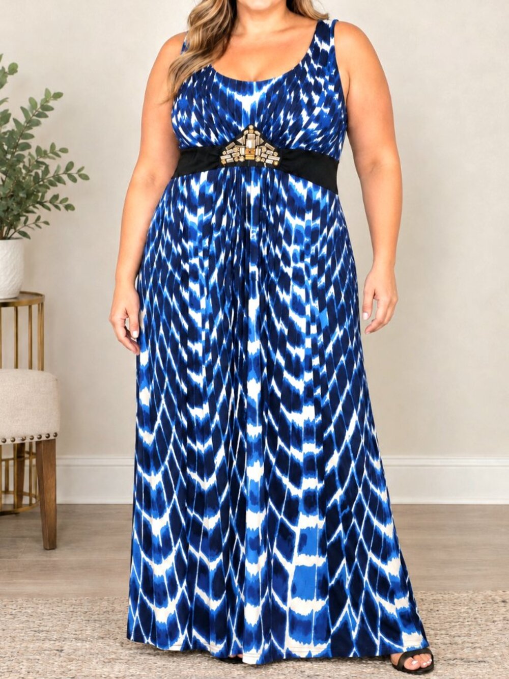 Blue and White abstract Print maxi dress XL